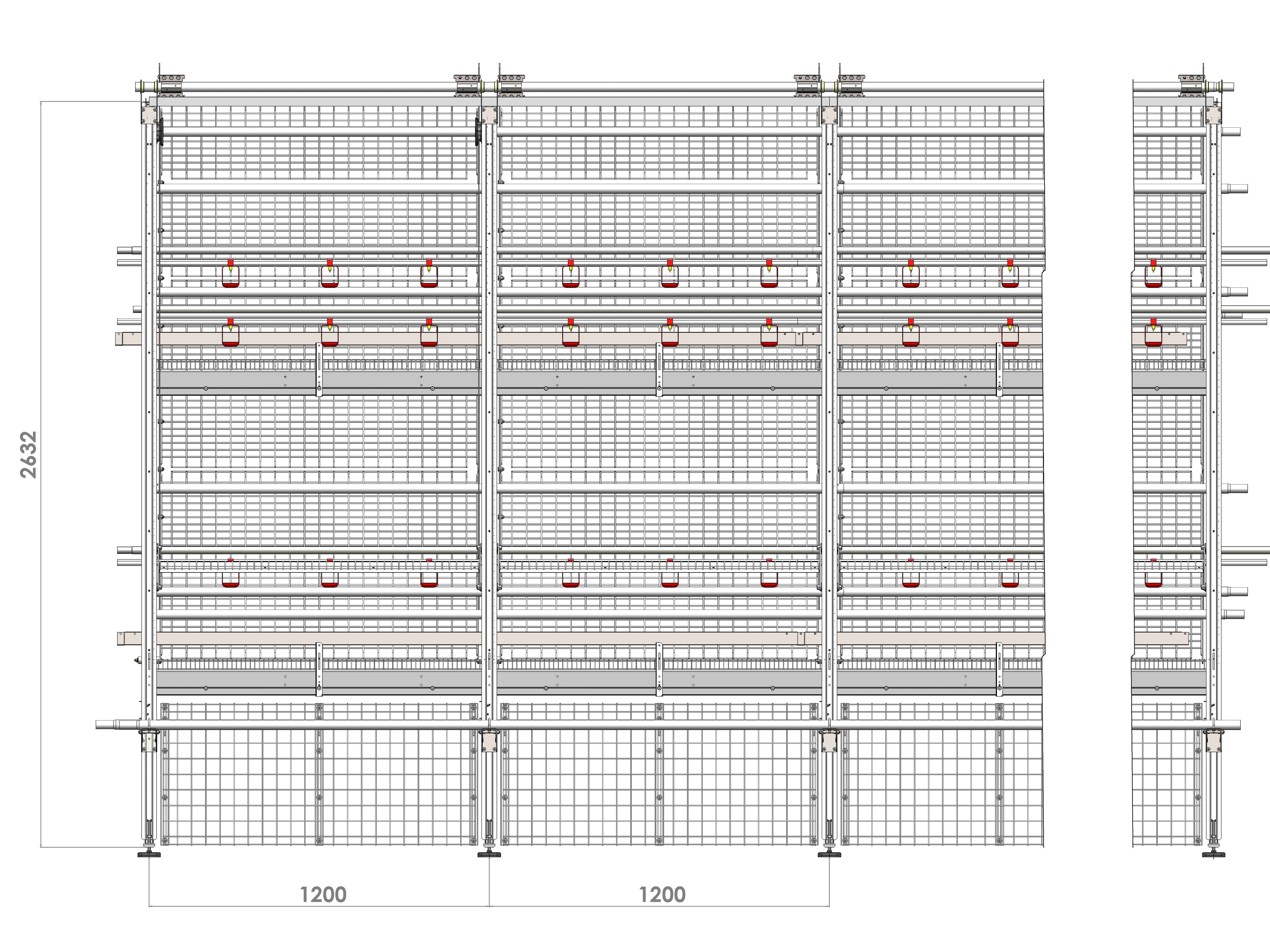 Front view diagram of a multi-tier Golden Pullet Aviary configuration with dimensions in millimeters